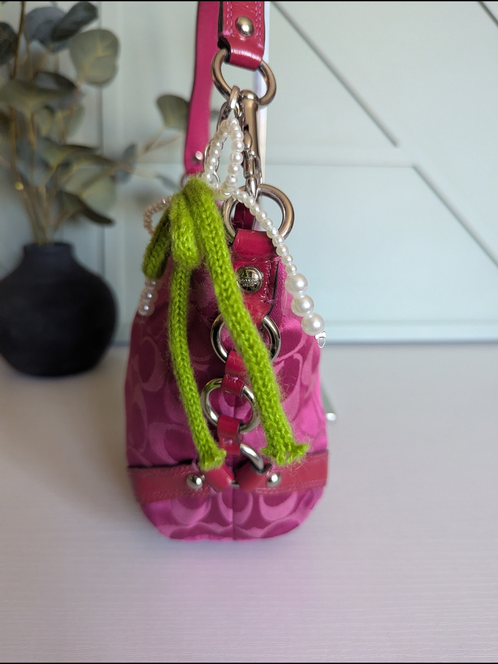 Coach Pink Signature Jacquard Shoulder Bag with Pearl Charm - Picture 9 of 16